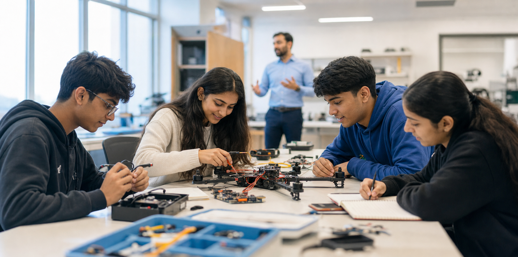 Students learning drone engineering